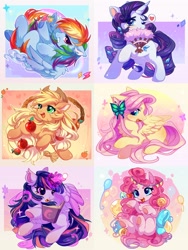 Size: 1536x2048 | Tagged: safe, artist:jficbcpcr6eyujo, character:applejack, character:fluttershy, character:pinkie pie, character:rainbow dash, character:rarity, character:twilight sparkle, character:twilight sparkle (alicorn), species:alicorn, species:earth pony, species:pegasus, species:pony, species:unicorn, g4, apple, balloon, book, butterfly, chest fluff, cute, female, food, glowing horn, hand fan, heart, lasso, magic, mane six, one eye closed, reading, rope, telekinesis, underhoof, wink