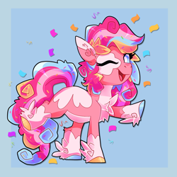 Size: 2048x2048 | Tagged: safe, artist:plushtrapez, character:pinkie pie, species:earth pony, species:pony, g4, alternate design, chest fluff, coat markings, colored ears, colored hooves, confetti, ear fluff, female, high res, hoof fluff, hooves, mare, one eye closed, open mouth, open smile, raised hoof, raised leg, redesign, smiling, solo, wink