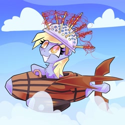Size: 2048x2048 | Tagged: safe, artist:plushtrapez, character:derpy hooves, species:pony, g4, cloud, colander, cute, derpabetes, female, flying machine, grin, high res, mare, muffin 1, sky, smiling, solo, white pupils