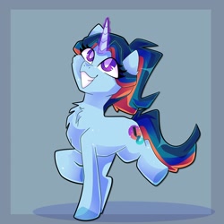 Size: 2048x2048 | Tagged: safe, artist:plushtrapez, oc, oc only, species:pony, species:unicorn, glowing horn, grin, high res, horn, magic, raised hoof, raised leg, smiling, solo, white pupils