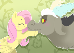 Size: 995x709 | Tagged: safe, artist:c0ralsky, artist:coralsky, character:discord, character:fluttershy, species:draconequus, species:pegasus, species:pony, ship:discoshy, g4, abstract background, blushing, bust, cute, discute, eyes closed, female, floppy ears, lidded eyes, looking back, male, mare, nose kiss, portrait, profile, shipping, shyabetes, smiling, straight, wavy mouth