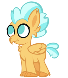 Size: 604x688 | Tagged: safe, artist:alandisc, derpibooru original, species:hippogriff, species:pony, g4, backround hipogriff, chest fluff, ear fluff, feather, female, filly, fledgeling, foal, jaffa cake (hippogriff), simple background, solo, sunspray, white background, young