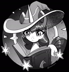 Size: 2008x2085 | Tagged: safe, artist:mrscroup, character:twilight sparkle, character:twilight sparkle (unicorn), species:pony, species:unicorn, g4, book, clothing, female, grayscale, hat, high res, mare, monochrome, open book, reading, signature, solo, wizard hat