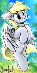 Size: 476x929 | Tagged: safe, alternate version, artist:llametsul, character:derpy hooves, species:pegasus, species:pony, g4, abstract background, colored, cute, derpabetes, female, hooves, hooves to the chest, mare, signature, smiling, solo