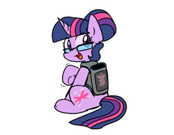 Size: 821x637 | Tagged: safe, artist:zutcha, character:twilight sparkle, character:twilight sparkle (scitwi), species:pony, species:unicorn, g4, my little pony:equestria girls, b-12 backpack, backpack, clothing, cute, cutie mark, cutie mark on clothes, equestria girls ponified, female, glasses, looking at you, looking back, looking back at you, mare, open mouth, open smile, ponified, sci-twiabetes, simple background, sitting, smiling, solo, species swap, stray (game), twiabetes, unicorn sci-twi, white background