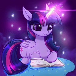 Size: 1884x1884 | Tagged: safe, artist:qwennondeathdie, character:twilight sparkle, character:twilight sparkle (alicorn), species:alicorn, species:pony, g4, book, female, folded wings, glowing horn, horn, magic, magic aura, mare, reading, sitting, solo, wings