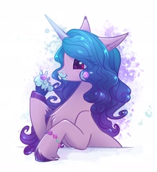 Size: 1870x2048 | Tagged: safe, artist:qwennondeathdie, character:izzy moonbow, species:pony, species:unicorn, g5, bracelet, cupcake, eating, female, food, friendship bracelet, gradient hair, jewelry, mare, multicolored hair, solo, unshorn fetlocks