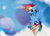 Size: 3600x2614 | Tagged: safe, artist:angryroru, character:rainbow dash, species:pegasus, species:pony, g4, bow, bow tie, chest fluff, clothing, cloud, cute, dashabetes, ear fluff, female, high res, leg fluff, mare, moon, night, on a cloud, rainbow socks, sitting, sky, smiling, socks, solo, spread wings, stars, striped socks, tail, tail bow, wings