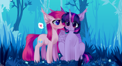 Size: 4560x2480 | Tagged: safe, artist:angryroru, character:pinkie pie, character:twilight sparkle, character:twilight sparkle (alicorn), species:alicorn, species:earth pony, species:pony, ship:twinkie, blushing, commission, cute, duo, female, flower, forest, grass, heart, high res, lesbian, mare, night, scenery, shipping, sitting, wings