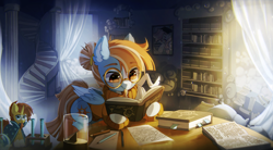 Size: 3660x2020 | Tagged: safe, artist:astralblues, character:sunburst, oc, oc only, species:pegasus, species:pony, g4, book, bookshelf, clothing, curtains, doll, female, figurine, folded wings, glasses, high res, mare, pencil, reading, scroll, solo, stairs, sundial, sweater, test tube, toy, window, wings