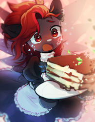 Size: 1509x1935 | Tagged: safe, artist:astralblues, oc, oc only, species:pegasus, species:pony, blushing, cake, clothing, female, food, maid, mare, open mouth, solo, teary eyes
