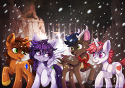 Size: 2000x1400 | Tagged: safe, artist:ketty, oc, oc only, oc:arny, species:deer, species:pegasus, species:peryton, species:pony, species:reindeer, species:unicorn, g4, clothing, coat markings, colored hooves, colored wings, derpfest, female, hooves, horn, hybrid, looking at each other, male, mare, mountain, multicolored wings, neckerchief, pale belly, pegasus oc, raised hoof, scarf, snow, socks (coat marking), stallion, two toned wings, unicorn oc, unshorn fetlocks, wings