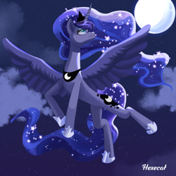 Size: 3000x3000 | Tagged: source needed, safe, artist:hexecat, character:princess luna, species:alicorn, species:pony, g4, clothing, cloud, crown, female, flying, high res, hoof shoes, jewelry, lidded eyes, looking up, mare, moon, necklace, night, peytral, profile, regalia, shoes, signature, smiling, solo, spread wings, wings