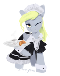 Size: 1346x1709 | Tagged: safe, artist:some_ponu, character:derpy hooves, species:pegasus, species:pony, g4, clothing, coffee, croissant, cup, cute, derpabetes, dress, drink, female, hoof hold, looking at you, maid, mare, mug, one eye closed, plate, raised hoof, signature, simple background, solo, white background, wink, winking at you