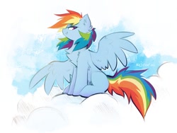 Size: 1191x898 | Tagged: safe, artist:kejifox, character:rainbow dash, species:pegasus, species:pony, g4, chest fluff, cloud, cute, dashabetes, ear fluff, female, fluffy, looking at you, mare, missing cutie mark, on a cloud, profile, sitting, solo, spread wings, wings