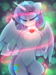 Size: 1875x2500 | Tagged: safe, artist:taiweiart, character:princess flurry heart, species:alicorn, species:pony, g4, abstract background, chest fluff, clothing, crown, ear fluff, eyes closed, female, fluffy, hoof shoes, jewel, jewelry, magic, magic aura, mare, necklace, older, older flurry heart, regalia, shoes, solo