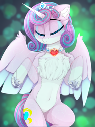 Size: 1875x2500 | Tagged: safe, alternate version, artist:taiweiart, character:princess flurry heart, species:alicorn, species:pony, g4, abstract background, chest fluff, clothing, crown, ear fluff, eyes closed, female, fluffy, hoof shoes, jewel, jewelry, mare, necklace, older, older flurry heart, regalia, shoes, solo