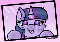 Size: 1163x821 | Tagged: safe, artist:scarletdoodle, character:twilight sparkle, character:twilight sparkle (unicorn), species:pony, species:unicorn, g4, blep, box, cute, eyebrows, eyebrows visible through hair, female, glass, gradient background, multicolored hair, no pupils, pink background, purple eyes, signature, simple background, solo, squished, tongue out, twiabetes