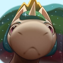 Size: 1500x1500 | Tagged: safe, artist:rrd-artist, character:princess celestia, species:alicorn, species:pony, g4, :<, :c, bust, close-up, crown, cute, cutelestia, ethereal mane, extreme close-up, female, fisheye lens, frown, give me my dishes, hoers, horn, jewelry, looking at you, majestic as fuck, mare, muzzle, regalia, sillestia, silly, snoot, solo, staring into your soul, wat
