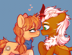 Size: 2500x1910 | Tagged: safe, artist:shelti, oc, oc only, oc:morning latte, oc:verdant pyre, species:kirin, species:pony, species:unicorn, clothing, commission, duo, heart, heart eyes, high res, looking at each other, scarf, signature, wingding eyes