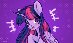 Size: 2500x1476 | Tagged: safe, artist:shelti, character:twilight sparkle, character:twilight sparkle (alicorn), species:alicorn, species:pony, g4, colored pupils, cute, eye clipping through hair, female, folded wings, looking at you, mare, open mouth, open smile, raised hoof, signature, smiling, smiling at you, solo, starry eyes, three quarter view, twiabetes, wingding eyes, wings
