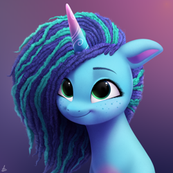 Size: 2000x2000 | Tagged: safe, artist:luminousdazzle, character:misty brightdawn, species:pony, species:unicorn, g4, g5, my little pony: make your mark, bust, colored eyebrows, curly mane, cute, eyebrows, female, freckles, glowing, glowing horn, gradient background, gradient horn, green eyes, horn, magic, mare, misty, mistybetes, portrait, semi-realistic, signature, simple background, smiling, solo, three quarter view