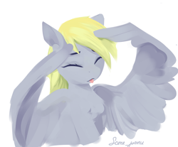 Size: 2241x1858 | Tagged: safe, artist:some_ponu, character:derpy hooves, species:pegasus, species:pony, g4, blep, cute, female, mare, signature, simple background, solo, tongue out, wing hands, wings