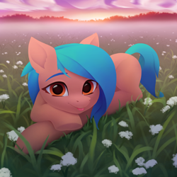 Size: 3000x3000 | Tagged: safe, artist:omnanya, oc, oc only, species:earth pony, species:pony, blep, crossed hooves, female, flower, fog, grass, high res, lying down, mare, outdoors, prone, scenery, solo, tongue out