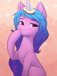 Size: 4000x5319 | Tagged: safe, artist:omnanya, character:izzy moonbow, species:pony, species:unicorn, g5, donut, female, food, gradient hair, hoof on chin, hooves, horn, horn impalement, mare, multicolored hair, solo