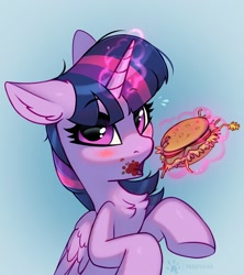 Size: 1772x2000 | Tagged: safe, artist:taneysha, character:twilight sparkle, character:twilight sparkle (alicorn), species:alicorn, species:pony, g4, blue background, blushing, burger, chest fluff, cute, eating, eyebrows, eyebrows visible through hair, female, food, glowing horn, gradient background, hay, hay burger, horn, ketchup, levitation, looking at you, magic, magic aura, mare, messy, messy eating, open mouth, sauce, simple background, solo, telekinesis, that pony sure does love burgers, twiabetes, twilight burgkle