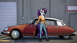 Size: 3840x2160 | Tagged: safe, artist:apocheck13, character:rarity, species:anthro, species:pony, species:unicorn, g4, boots, breasts, car, citroën, citroën ds, cleavage, clothing, explicit source, female, glasses, high heel boots, high heels, horn, mare, pants, shirt, shoes, solo