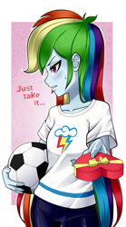 Size: 1225x2200 | Tagged: safe, artist:nekojackun, character:rainbow dash, species:human, g4, my little pony:equestria girls, ball, blushing, clothing, eyebrows, female, football, frown, heart, holiday, looking away, pants, sexy, solo, sports, teeth, toy, tsunderainbow, tsundere, valentine's day