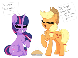 Size: 2732x2048 | Tagged: safe, artist:plushtrapez, character:applejack, character:twilight sparkle, character:twilight sparkle (unicorn), species:earth pony, species:pony, species:unicorn, g4, applejack's hat, chest fluff, clothing, cowboy hat, dialogue, duo, eyes closed, female, food, hat, mare, open mouth, pi day, pie, raised hoof, simple background, sitting, smiling, stetson, white background