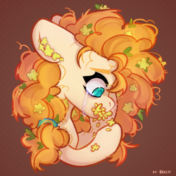 Size: 2000x2000 | Tagged: safe, artist:shelti, character:pear butter, species:earth pony, species:pony, g4, abstract background, apple family member, crying, female, flower, high res, mare, signature, solo