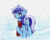 Size: 2500x2000 | Tagged: safe, artist:shelti, character:minuette, species:pony, species:unicorn, g4, clothing, cute, female, high res, mare, minubetes, open mouth, raised hoof, scarf, signature, snow, snowfall, solo, winter