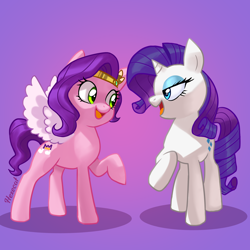 Size: 2500x2500 | Tagged: safe, artist:hexecat, manebooru spotlight, character:pipp petals, character:rarity, species:pegasus, species:pony, species:unicorn, g4, g5, adorapipp, circlet, cute, duo, duo female, female, generational ponidox, gradient background, high res, lidded eyes, looking at each other, looking at someone, m, mare, open mouth, open smile, pipp and her heroine, pipp wings, ponidox, princess pipp, raised hoof, signature, simple background, skinny pipp, smiling, spread wings, tail, three quarter view, wings