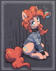 Size: 1813x2275 | Tagged: safe, artist:koviry, character:pinkie pie, species:earth pony, species:pony, g4, chocolate, clothing, cup, cute, diapinkes, drink, female, food, hot chocolate, mare, prehensile mane, sitting, solo, sweater, tongue out