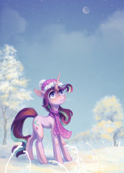 Size: 1512x2095 | Tagged: safe, artist:koviry, character:starlight glimmer, species:pony, species:unicorn, g4, beanie, clothing, cloud, crescent moon, cute, female, glimmerbetes, hat, looking up, mare, moon, scarf, snow, solo, speedpaint available, stars, three quarter view, tree, winter
