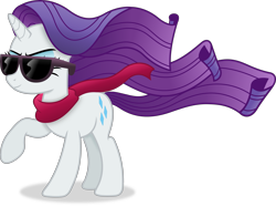 Size: 5398x4021 | Tagged: safe, artist:anime-equestria, character:rarity, species:pony, species:unicorn, g4, absurd resolution, clothing, digital art, eyebrows, eyeshadow, female, horn, makeup, mare, raised hoof, scarf, shadow, simple background, smiling, smirk, solo, sunglasses, tail, transparent background, vector, wavy mane, windswept mane, windswept tail