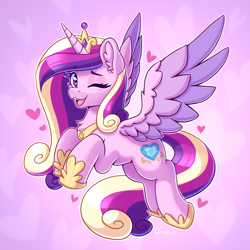 Size: 2480x2480 | Tagged: safe, artist:dandy, character:princess cadance, species:alicorn, species:pony, g4, chest fluff, colored wings, crown, ear fluff, eyebrows, eyebrows visible through hair, female, heart, heart eyes, high res, horn, jewelry, looking at you, mare, multicolored wings, one eye closed, open mouth, open smile, regalia, simple background, smiling, smiling at you, solo, spread wings, wingding eyes, wings, wink, winking at you