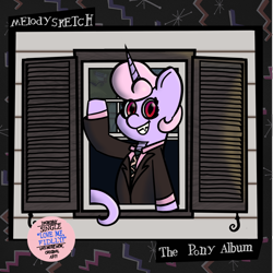 Size: 1750x1752 | Tagged: safe, artist:melodysketch, oc, oc:melody sketch, species:pony, species:unicorn, album cover, album parody, clothing, fangs, looking at you, music reference, patterned background, ponyville, sharp teeth, smiling, snake pony, solo, suit, the normal album, waving, will wood