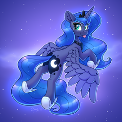 Size: 2480x2480 | Tagged: safe, artist:dandy, character:princess luna, species:alicorn, species:pony, g4, crown, cute, ear fluff, eyebrows, eyebrows visible through hair, female, high res, horn, jewelry, looking at you, mare, regalia, solo, space, space background, spread wings, tongue out, wings