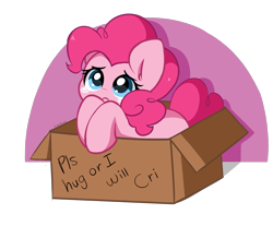 Size: 3904x3236 | Tagged: safe, artist:kittyrosie, character:pinkie pie, species:earth pony, species:pony, g4, box, bronybait, crying, cute, diapinkes, pony in a box, sad, sadorable, simple background, solo, teary eyes, transparent background