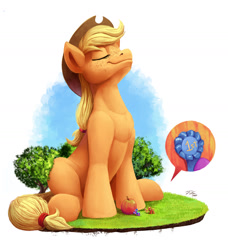 Size: 1500x1644 | Tagged: safe, artist:tsitra360, character:apple bloom, character:applejack, character:big mcintosh, species:earth pony, species:pony, g4, apple family member, brother and sister, clothing, cowboy hat, female, food, giant earth pony, giant pony, grass, hat, judge, macro, male, pumpkin, ribbon, siblings, sky, stetson, tree