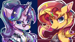 Size: 2048x1150 | Tagged: safe, artist:tkotu1, character:snowfall frost, character:starlight glimmer, character:sunset shimmer, species:pony, species:unicorn, g4, my little pony:equestria girls, bust, duo, female, glasses, lidded eyes, looking at you, mare, signature, smiling, smiling at you