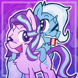 Size: 3264x3264 | Tagged: safe, artist:stariightglimmr, character:starlight glimmer, character:trixie, species:pony, species:unicorn, ship:startrix, g4, duo, female, high res, lesbian, lesbian pride flag, one eye closed, open mouth, open smile, pride, pride flag, shipping, smiling, starry eyes, wingding eyes