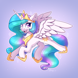 Size: 2480x2480 | Tagged: safe, artist:dandy, character:princess celestia, species:alicorn, species:pony, g4, chest fluff, crown, ear fluff, female, horn, jewelry, looking at you, open mouth, open smile, regalia, simple background, smiling, solo, spread wings, wings