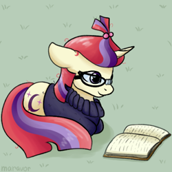 Size: 500x500 | Tagged: safe, artist:maravor, character:moondancer, species:pony, species:unicorn, g4, book, clothing, cute, dancerbetes, female, floppy ears, glasses, lying down, mare, ponyloaf, profile, prone, reading, smiling, solo, sweater