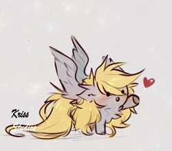 Size: 717x631 | Tagged: safe, artist:krissstudios, character:derpy hooves, species:pegasus, species:pony, g4, chibi, cute, derpabetes, female, fluffy, gray background, heart, long hair, mare, simple background, solo, spread wings, wings