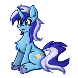 Size: 900x900 | Tagged: safe, artist:daze, derpibooru original, character:minuette, species:pony, species:unicorn, g4, chest fluff, colored hooves, female, hooves, mare, simple background, sitting, smiling, solo, three quarter view, transparent background, unshorn fetlocks